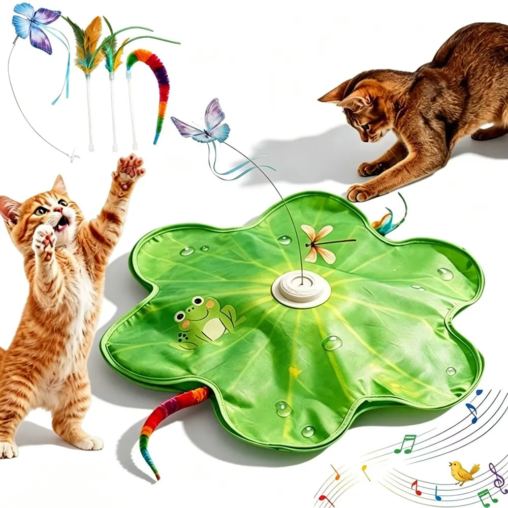 Automatic Electric Cat Toy Disk with Interactive Feather and Butterfly Attachments, Multi-Functional Sound Stimulation for Self-Play