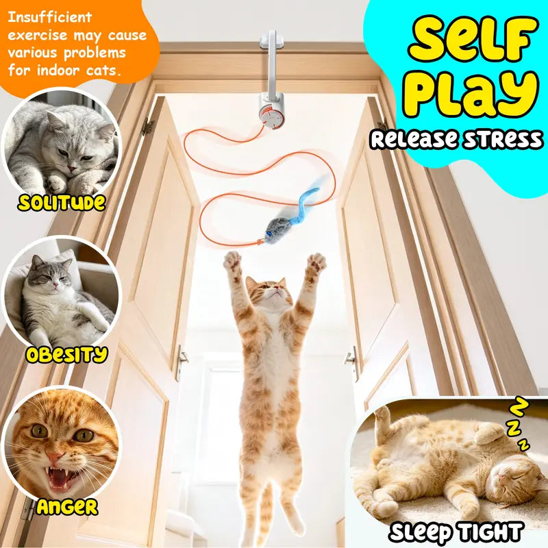 HAPPYCODE Rechargeable Electric Cat Interactive Toy - Dual Mode Upgrade (Blue), Adjustable Length String, Durable & Safe, Flexible Mounting for Indoor Use, Stress Relief Accessory