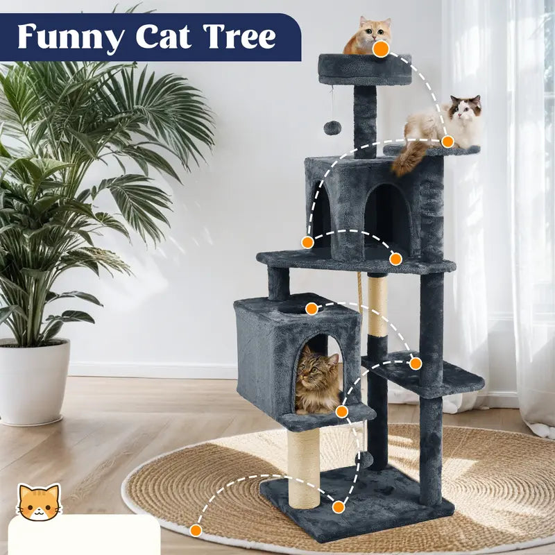 Wecharmer 58-Inch Plush Sisal Cat Tree Tower - Vertical Scratcher with High Platform, Condos, and Hanging Toy - Stylish Indoor Furniture for Medium and Small Cats up to 27.5 lbs