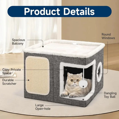 Foldable Polyester-Cotton Contemporary Cat House - 30 lbs Capacity, Large Opening, Round Windows, Plush Hanging Balls, Double-Sided Cushions, Machine Washable, Suitable for All Seasons Indoors