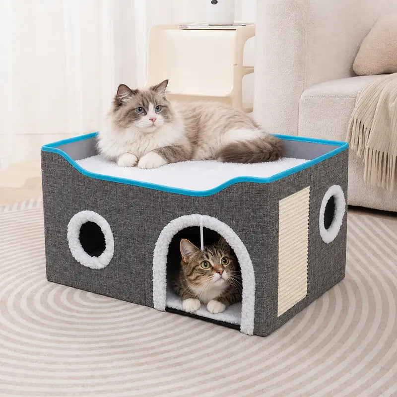 Foldable Polyester-Cotton Contemporary Cat House - 30 lbs Capacity, Large Opening, Round Windows, Plush Hanging Balls, Double-Sided Cushions, Machine Washable, Suitable for All Seasons Indoors
