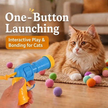Cat Ball Launcher Fetch Toy - Battery-Free Plush Ball Shooter with One-Button Operation, Includes 1 Launcher and 30 Soft Pom-Poms, Indoor Entertainment for Kittens, Perfect Gift for Cat Lovers