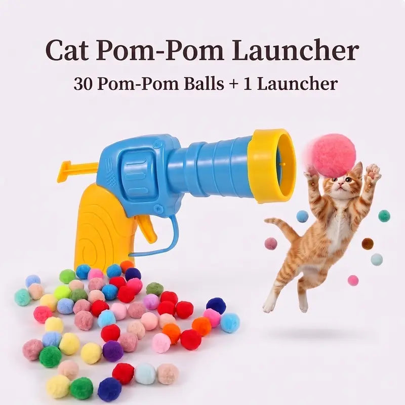 Cat Ball Launcher Fetch Toy - Battery-Free Plush Ball Shooter with One-Button Operation, Includes 1 Launcher and 30 Soft Pom-Poms, Indoor Entertainment for Kittens, Perfect Gift for Cat Lovers