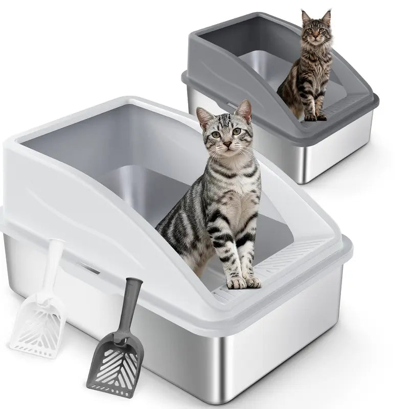 AIPERRO XL & XXXL High-Sided Stainless Steel Cat Litter Box with Anti-Leak Design, Easy-Clean Scoop for Multi-Cat Homes, Non-Stick and Odor-Absorbing