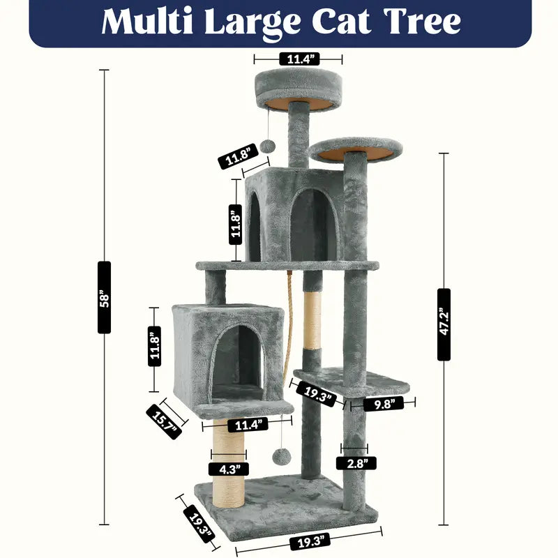 Wecharmer 58-Inch Plush Sisal Cat Tree Tower - Vertical Scratcher with High Platform, Condos, and Hanging Toy - Stylish Indoor Furniture for Medium and Small Cats up to 27.5 lbs