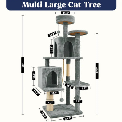 Wecharmer 58-Inch Plush Sisal Cat Tree Tower - Vertical Scratcher with High Platform, Condos, and Hanging Toy - Stylish Indoor Furniture for Medium and Small Cats up to 27.5 lbs