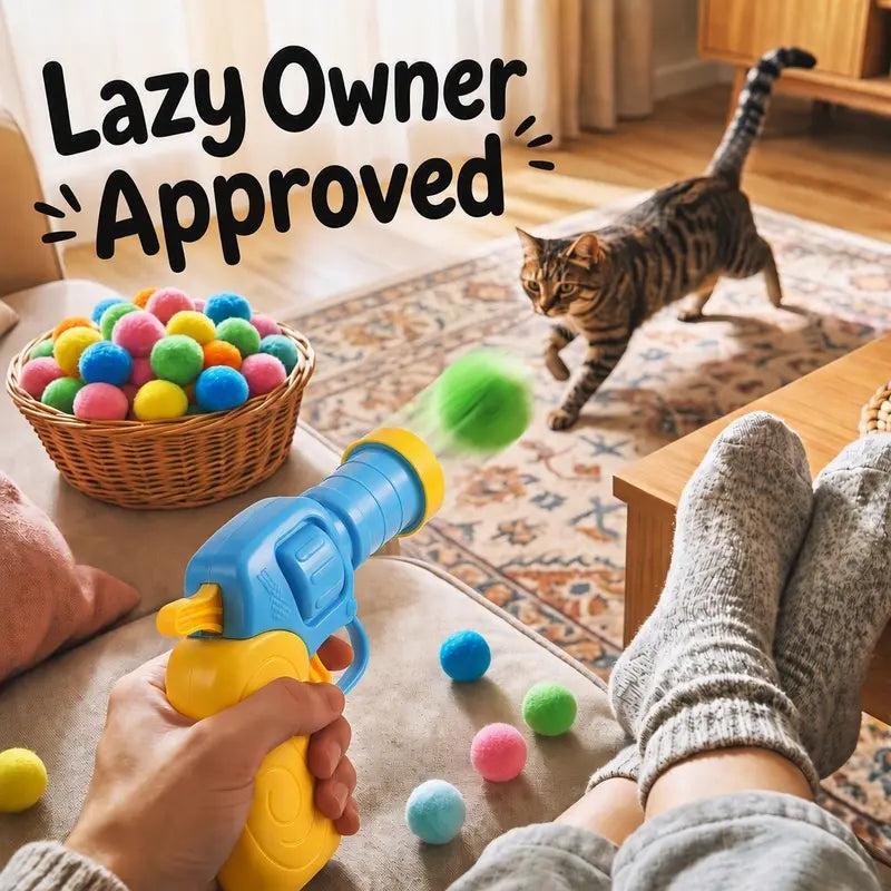 Cat Ball Launcher Fetch Toy - Battery-Free Plush Ball Shooter with One-Button Operation, Includes 1 Launcher and 30 Soft Pom-Poms, Indoor Entertainment for Kittens, Perfect Gift for Cat Lovers