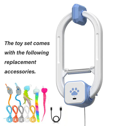 HAPPYCODE Rechargeable Electric Cat Interactive Toy - Dual Mode Upgrade (Blue), Adjustable Length String, Durable & Safe, Flexible Mounting for Indoor Use, Stress Relief Accessory