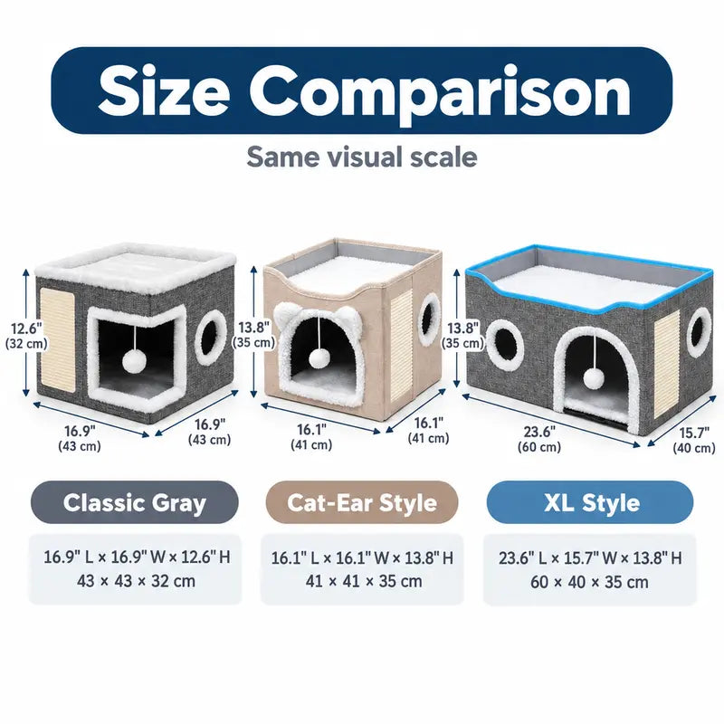 Foldable Polyester-Cotton Contemporary Cat House - 30 lbs Capacity, Large Opening, Round Windows, Plush Hanging Balls, Double-Sided Cushions, Machine Washable, Suitable for All Seasons Indoors