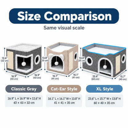 Foldable Polyester-Cotton Contemporary Cat House - 30 lbs Capacity, Large Opening, Round Windows, Plush Hanging Balls, Double-Sided Cushions, Machine Washable, Suitable for All Seasons Indoors
