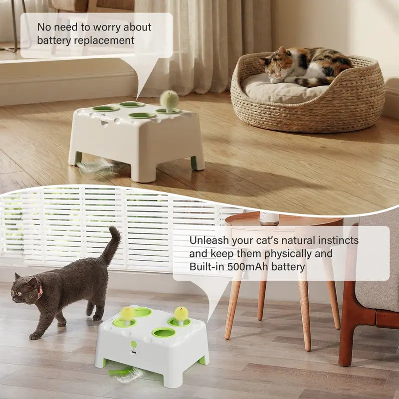 HAPPYCODE 3-in-1 Interactive Cat Toy - Automatic Electric Indoor Playhouse with Rechargeable Battery, Smart Whack-A-Mole Feature, Rotating Feather Wand, Auto Pause Cycles, Intelligent Motion Patterns, and 4 Attachments for Enhanced Boredom Relief