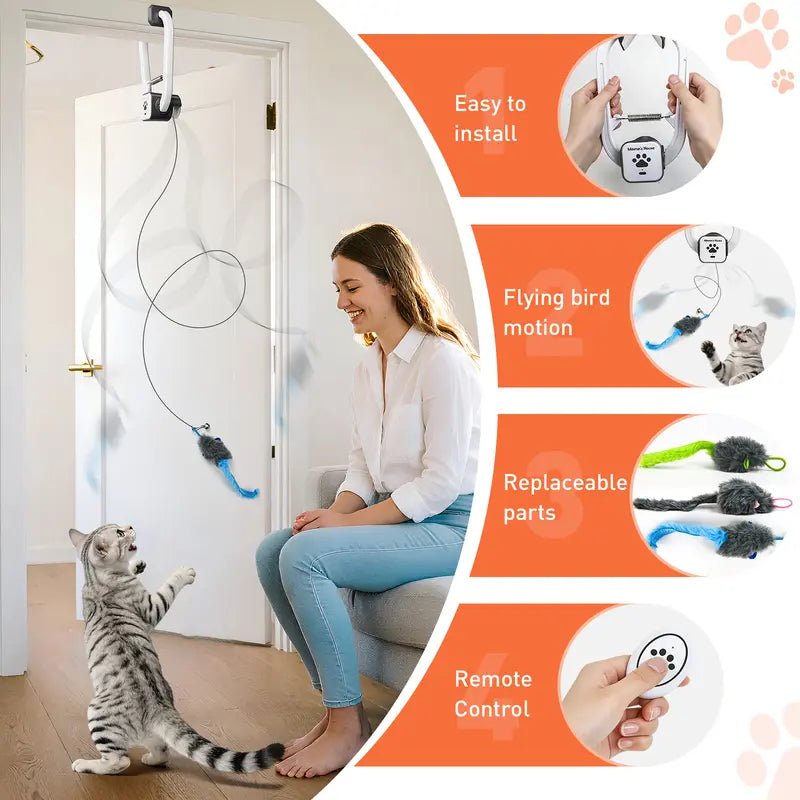 Remote-Controlled Electric Cat Teaser Toy Kit with Rechargeable Shelf-Edge Clip, Adjustable Cord Lengths, Dual Play Modes, and Three Plush Toys for Enhanced Feline Engagement and Stress Relief