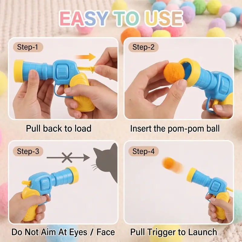 Cat Ball Launcher Fetch Toy - Battery-Free Plush Ball Shooter with One-Button Operation, Includes 1 Launcher and 30 Soft Pom-Poms, Indoor Entertainment for Kittens, Perfect Gift for Cat Lovers
