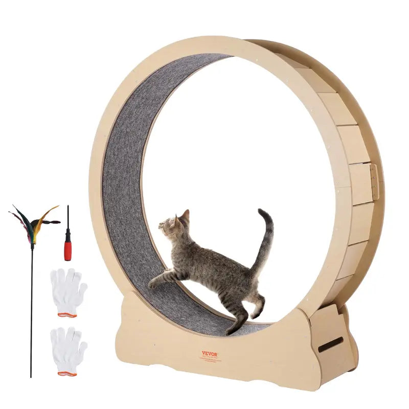 VEVOR 52" Solid Wooden Cat Exercise Wheel - Large Treadmill with Detachable Carpet, Teaser, Stable Base, Noise Reduction, Includes Gloves & Screwdriver, Ideal for Indoor Feline Training, Supports Up to 30 Lbs, Non-Scratch Mat