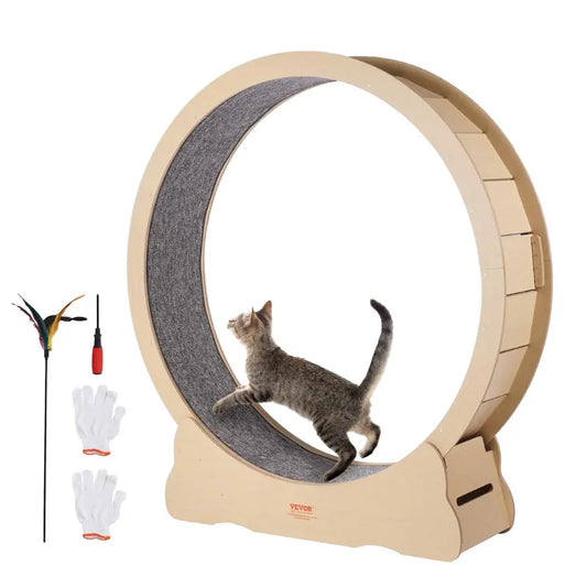 VEVOR 52" Solid Wooden Cat Exercise Wheel - Large Treadmill with Detachable Carpet, Teaser, Stable Base, Noise Reduction, Includes Gloves & Screwdriver, Ideal for Indoor Feline Training, Supports Up to 30 Lbs, Non-Scratch Mat