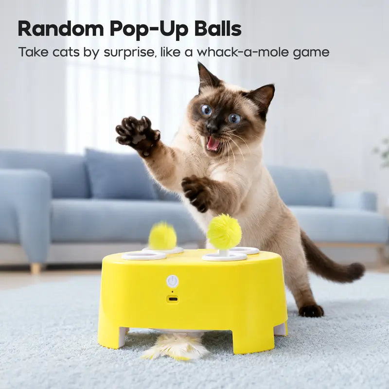 Potaroma USB Rechargeable Interactive Whack-A-Mole Cat Toy with Automatic Rotating Feather and Three Play Modes for Indoor Cat Engagement