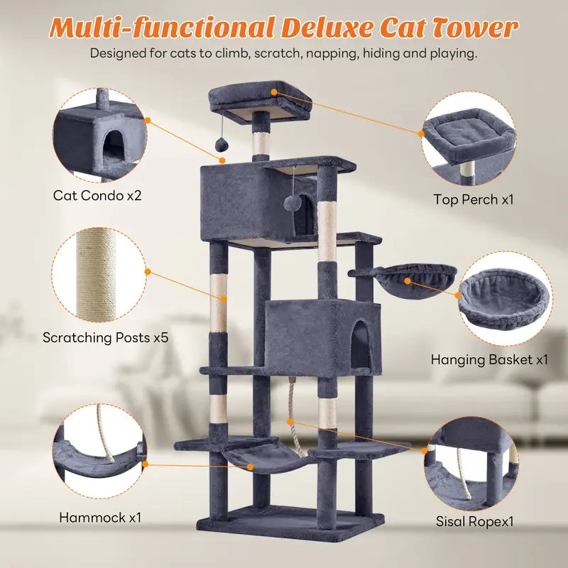 Sweetcrispy 54-Inch Vertical Cat Scratcher Shelf - Durable, Space-Efficient Pet Furniture with Anti-Tilt Base and Modern Memory Foam Nest for Play and Rest, Perfect for Fulfilling Natural Scratching Instincts, Ideal Gift for Cat Enthusiasts